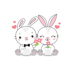 Couple bunny give flowers with love. Cartoon character design for Valentine's Day.