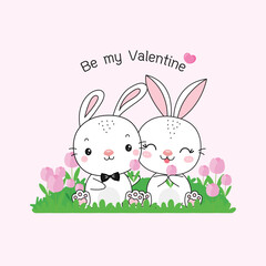 Obraz na płótnie Canvas Couple rabbit give flower togther on flower field cartoon flat vector illustration.