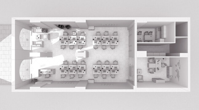 Office interior top view grid 3D rendering