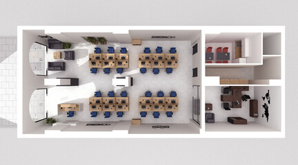 Office interior top view 3D rendering