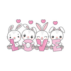 Cute rabbits with LOVE letters. Valentine greeting card.