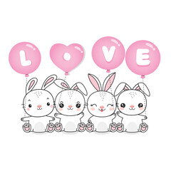 Cute bunny with pink heart balloon for Valentine day.