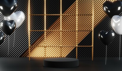 3D rendering of backdrop black podium background show room for black friday products on podium
