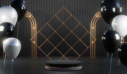 3D rendering of backdrop black podium background show room for black friday products on podium