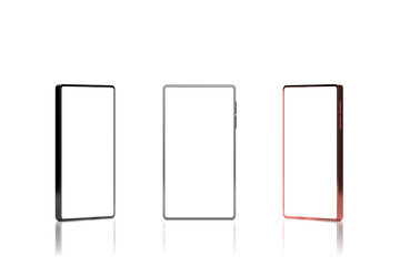 Elegant and modern smartphone mockup set with three silver, red, and black colors theme. Cellphone display front view isolate on white background, 3d rendering.