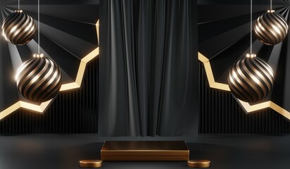 3D rendering of backdrop black podium background show room for black friday products on podium