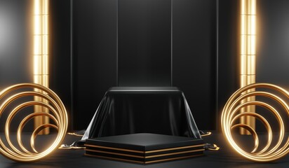 3D rendering of backdrop black podium background show room for black friday products on podium