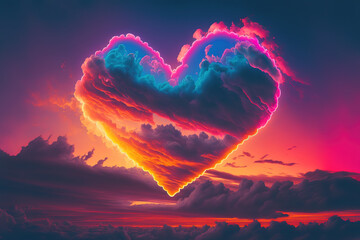 Fototapeta premium cloud of love, air clouds in the form of a heart on a neon sunset, valentine's day, art illustration