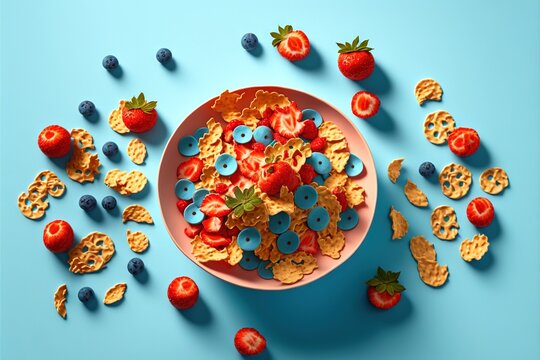  a bowl of cereal with blueberries and strawberries on a blue background with other cereals scattered around it and scattered around it on a blue surface with strawberries and blueberries and.
