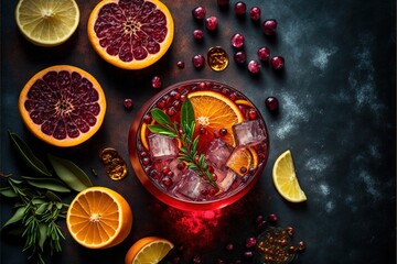  a glass of blood orange punch surrounded by oranges and garnishes on a dark surface with a sprig of rosemary and a sprig of rosemary on top of leaves. Generative AI