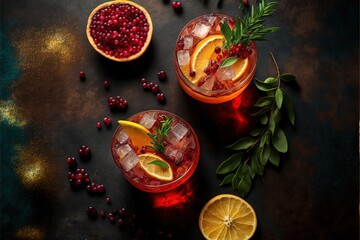 Obraz na płótnie Canvas two glasses of cranberry lemonade with orange slices and garnishes on a dark surface with leaves and berries around them, with a few more garnishes on the edges.