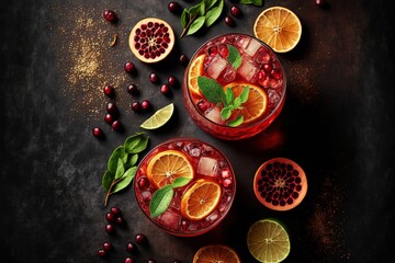  two glasses of pomegranate and oranges with leaves and mint on a dark background with a few pieces of pomegranates and leaves on the side of the glasses. Generative AI