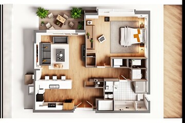  a floor plan of a two bedroom apartment with a kitchen and living room area in the middle of the room and a bedroom and living room in the middle of the room on the other side.