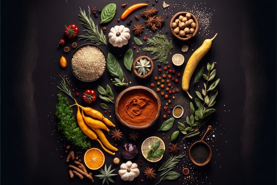  a picture of a variety of spices and herbs arranged in a circle on a black background with a black background and a black background with a black border around the edges and a white border.
