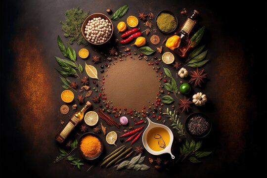  a circle of spices and herbs arranged in a circle on a table top with a brown background and a black background with the letter c in the middle of the circle is surrounded by spices.