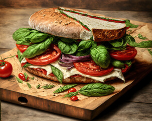  a sandwich with tomatoes, lettuce, tomatoes, and cheese on a cutting board with a knife and tomatoes on the side of the board, and a tomato and a knife on the side.