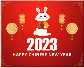 Fototapeta na wymiar Happy Chinese new year 2023 year of the rabbit Abstract Design Illustration Vector With Red Background