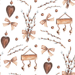 Abstract nice seamless watercolor pattern with willow twigs and bow, wooden elements, heart, sign board, beige, grey illustration © Elena