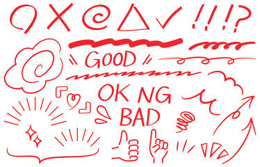 まるばつ　手書きの強調装飾　赤ペン　Red Pen Handwritten Circle Punishment and Emphasis Decoration