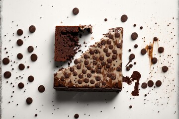  a piece of cake with chocolate chips on it and a bite taken out of it with a bite taken out of it and chocolate chips scattered around it on a white surface with chocolate chips.