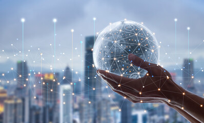 Abstract hand holding world network connection, digital network communication and partners online marketing concept	