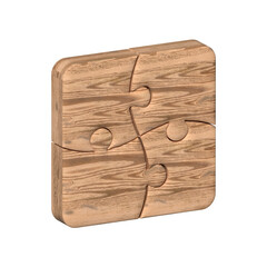Wooden puzzles, solving problems in business. Innovation and teamwork in company. Pieces of wooden mechanical puzzle connected. 3D illustration, 3D rendering