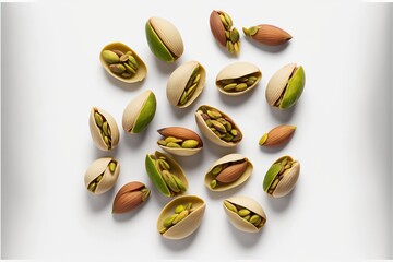 Fototapeta premium a group of nuts with some green and yellow seeds in them and some brown and white nuts in the middle of the nuts are open and there are some of the nuts in the shell.