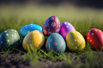 Fototapeta na wymiar Easter eggs poster background for greeting celebrated in easter day. Generative AI