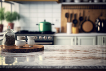 Fototapeta na wymiar White marble table with decoration on, blurred kitchen background, Generative AI