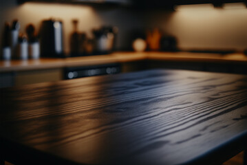 Fototapeta na wymiar Dark empty wooden table, blurred kitchen background, Generative AI
