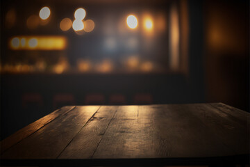Dark table with bar in the background, Generative AI