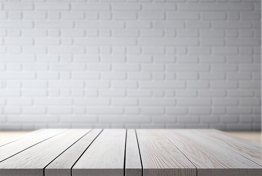 White wooden table for product placement, white brick wall background Generative AI