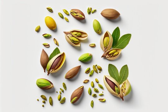  a group of nuts with leaves and seeds on a white background with a shadow of the nuts on the bottom of the image and the nuts on the bottom of the image is a white background.