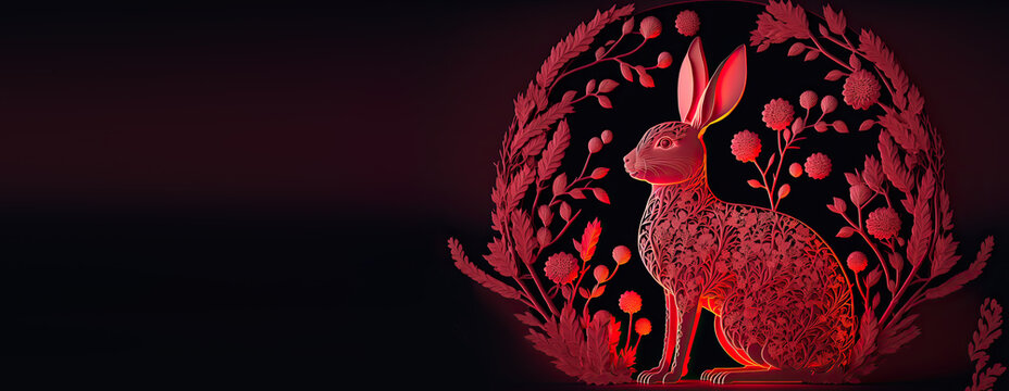 Beautiful Chinese Rabbit with Paper Cut Flowers. Red and Black Lunar New Year Banner with copy-space.