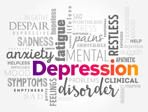 Depression - serious medical illness that negatively affects how you feel, the way you think and how you act, word cloud concept background