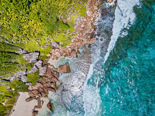 Aerial view of the northern part of Beach Petite Anse, La Digue, Seychellen