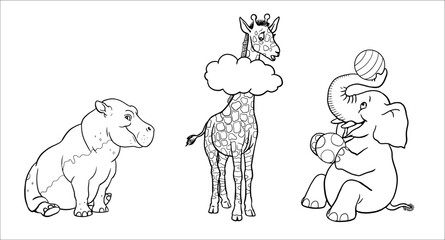 Cute hippopotamus, giraffe and elephant for coloring. Vector template for a coloring book with funny animals. Coloring template for kids.
