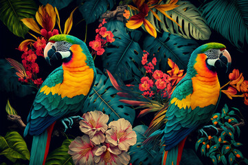 Seamless pattern of parrots on the tropical branches with chinese roses, tropical leaves and flowers. Created with Generative AI technology.