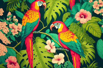 tropical tree pattern with tropical plants and parrots. Flowers of hibiscus, blooming ginger, strelitzia and Orchid, protea, palm leaves. Created with Generative AI technology.