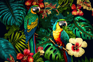 Obraz premium colorful parrots and exotic flowers. Created with Generative AI technology.
