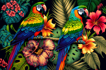 Seamless pattern of parrots on the tropical branches with chinese roses, tropical leaves and flowers. Created with Generative AI technology.