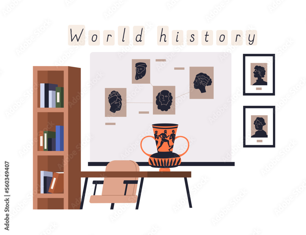 Poster world history classroom with desk, whiteboard, book shelf. empty class room for studying ancient gre