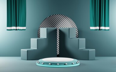 3D render of pastel template soft blue minimal podium room background for show products. Mockup background for cream cosmetics