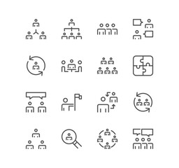 Set of teamwork and business communication related icons collaboration, research, meeting and linear variety vectors.