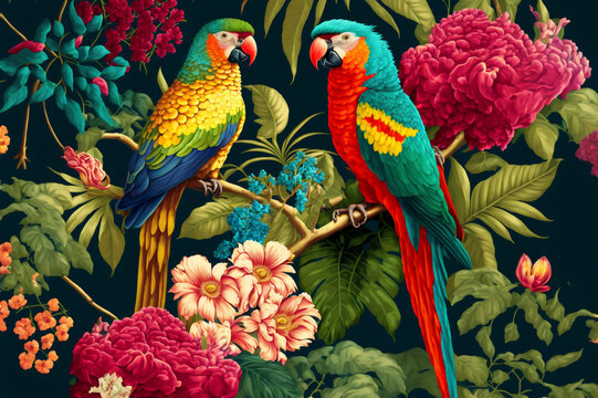Seamless pattern of parrots on the tropical branches with chinese roses, tropical leaves and flowers. Created with Generative AI technology.
