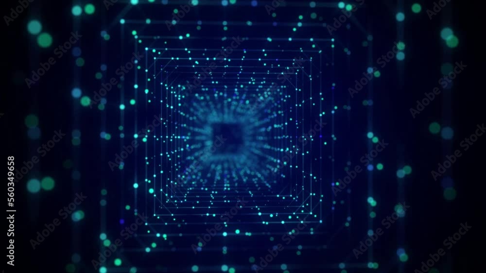 Poster Abstract particle flow in cyberspace. Futuristic 3D portal. Digital technology web flow. Big data visualization. 3d rendering.