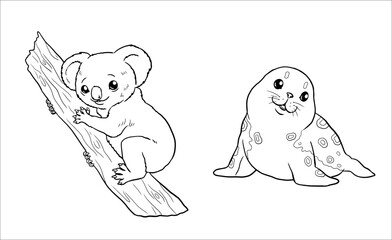 Cute koala and seal for coloring. Vector template for a coloring book with funny animals. Coloring template for kids.