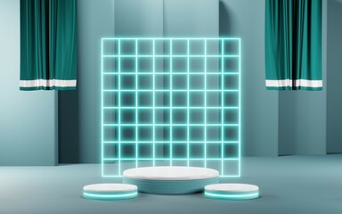Obraz na płótnie Canvas 3D render of pastel template soft blue minimal podium room background for show products. Mockup background for cream cosmetics