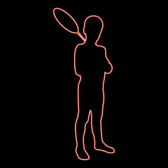 Neon boy holds badminton racket Cute young child holding standing toy shuttlecock Happy concept Teenage action Summer sport activity Camp concept Kid will play Having fun red color vector 