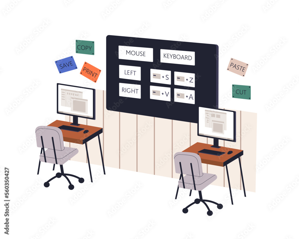 Poster school classroom for computer science and literacy. elementary information technology class, empty s